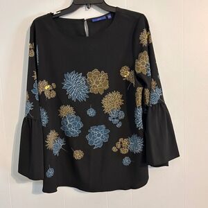 Apt. 9 Womens XL Black Floral Bell Sleeve Blouse Round Neck Keyhole Back Top